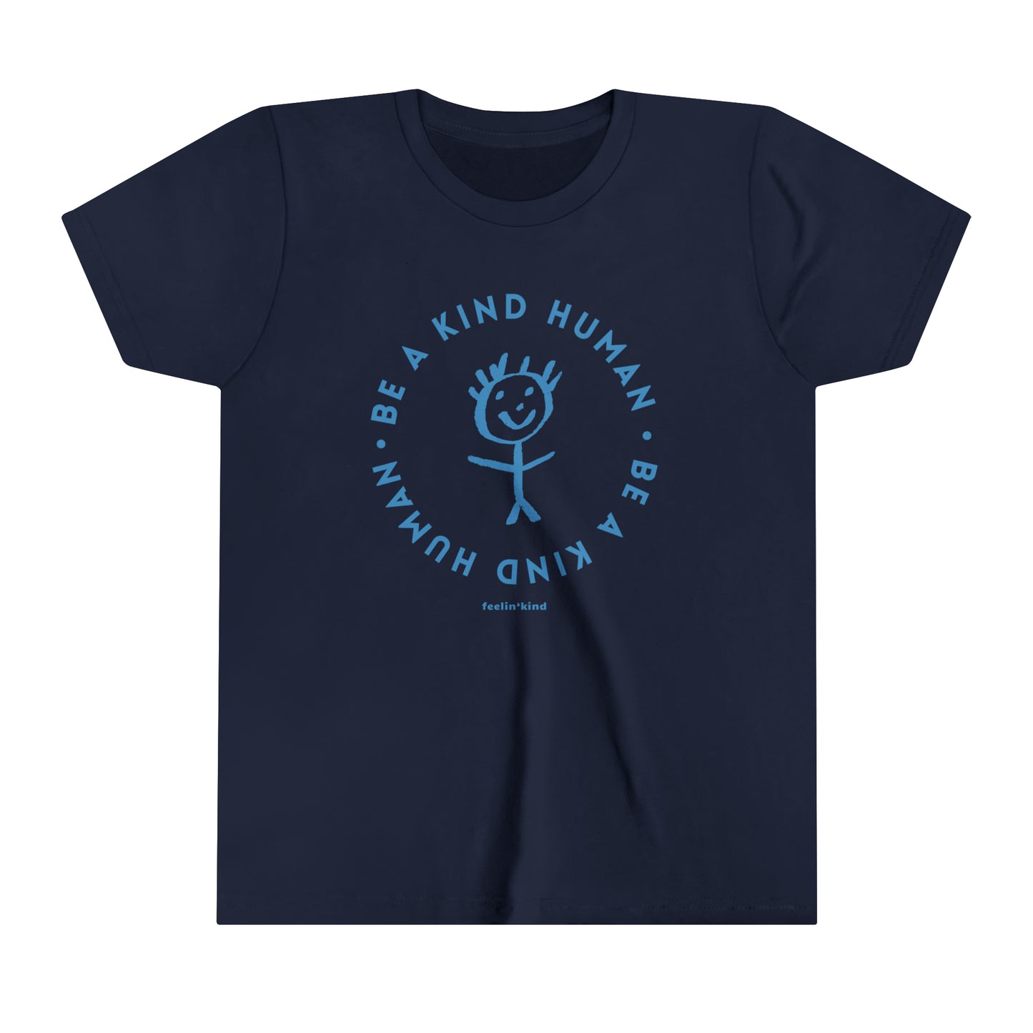 Be a Kind Human kid’s t-shirt featuring a kids drawing of a person in the center.