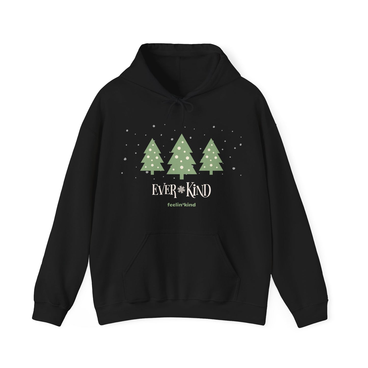 Ever-Kind hoodie featuring a snowy evergreen trees design inspired by the spirit of goodwill, perfect for the holidays.