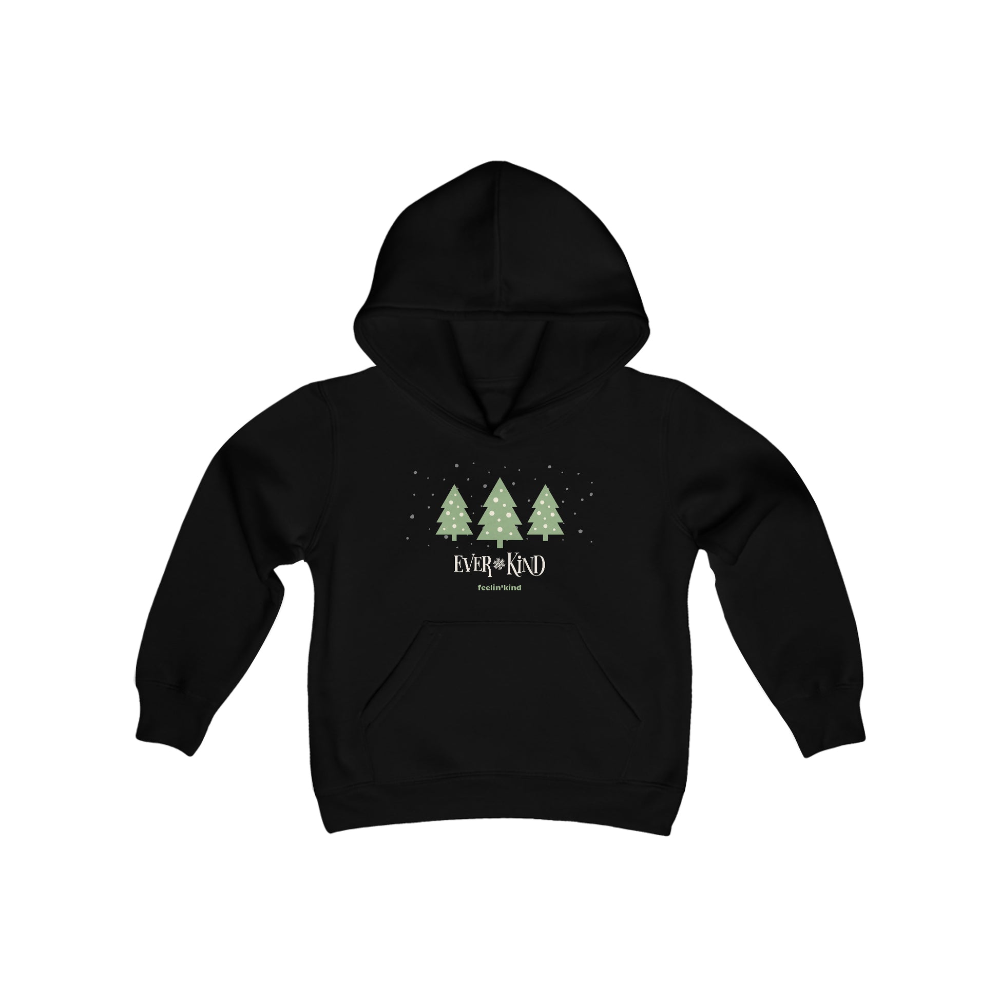 Ever-Kind hoodie featuring a snowy evergreen trees design inspired by the spirit of goodwill, perfect for the holidays.