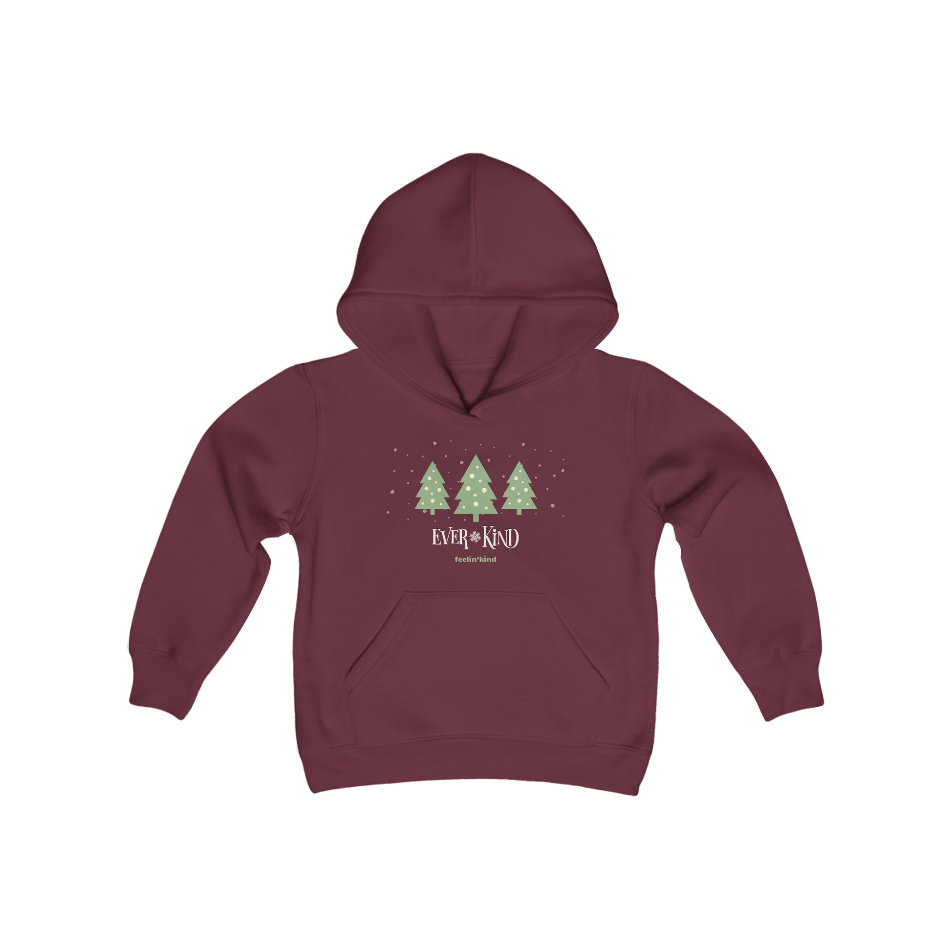 Ever-Kind hoodie featuring a snowy evergreen trees design inspired by the spirit of goodwill, perfect for the holidays.