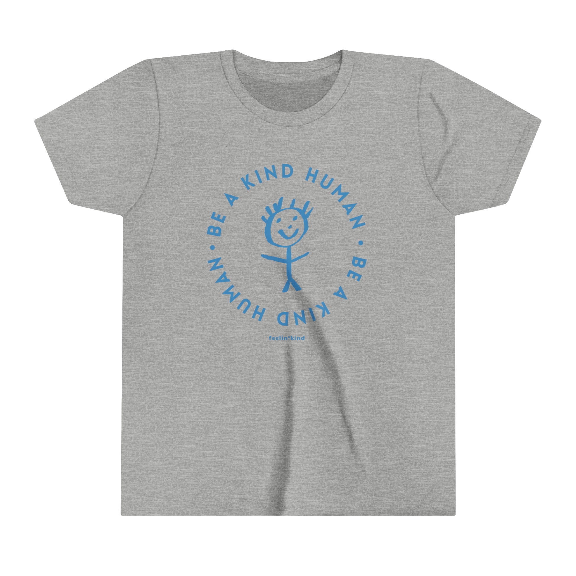 Be a Kind Human kid’s t-shirt featuring a kids drawing of a person in the center.