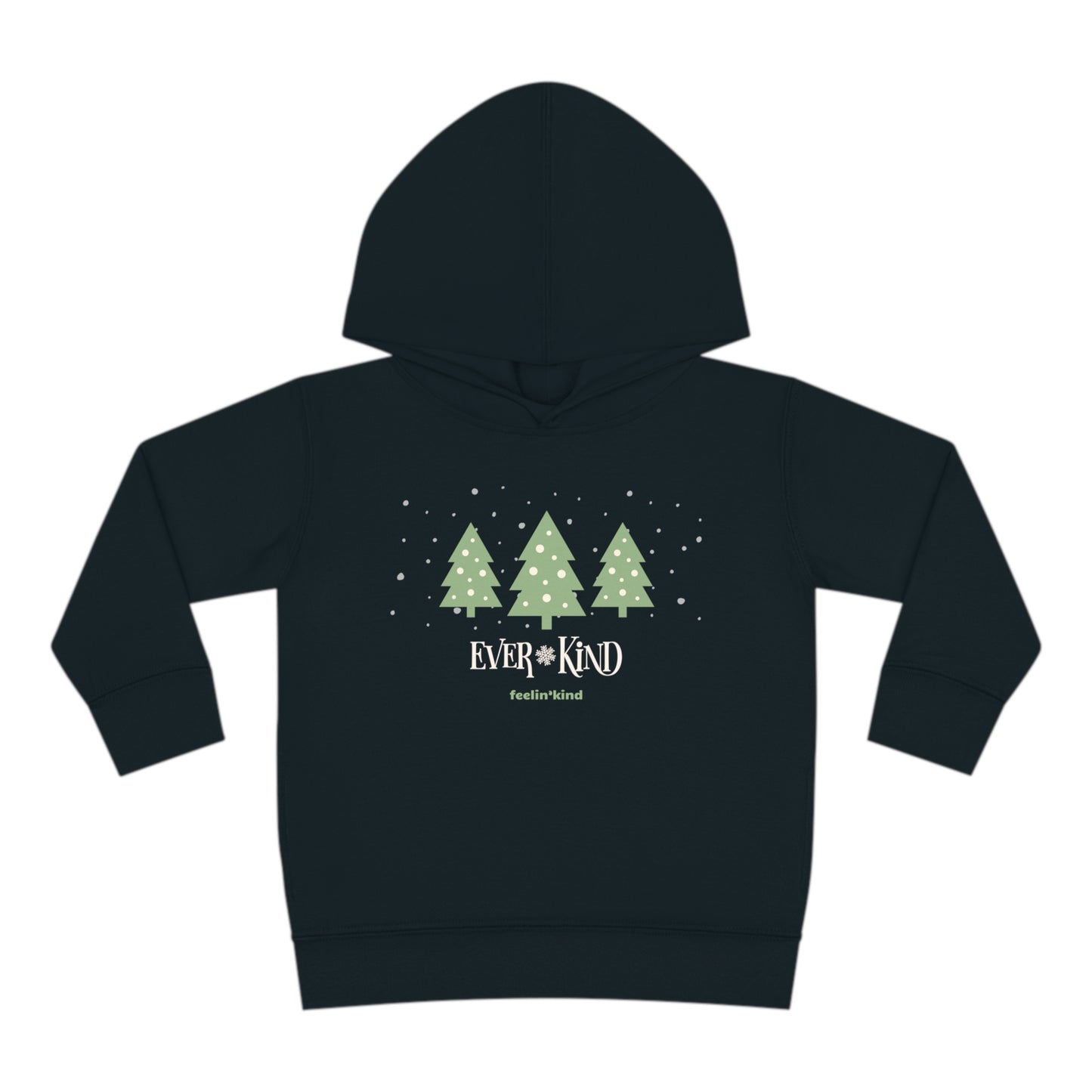 Ever-Kind hoodie featuring a snowy evergreen trees design inspired by the spirit of goodwill, perfect for the holidays.