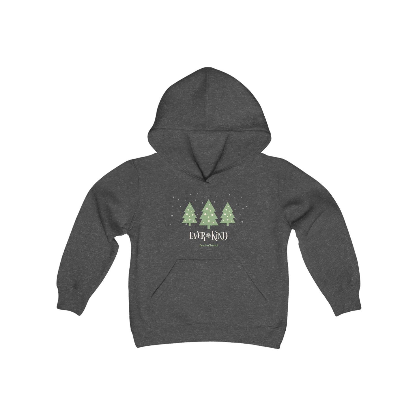 Ever-Kind hoodie featuring a snowy evergreen trees design inspired by the spirit of goodwill, perfect for the holidays.