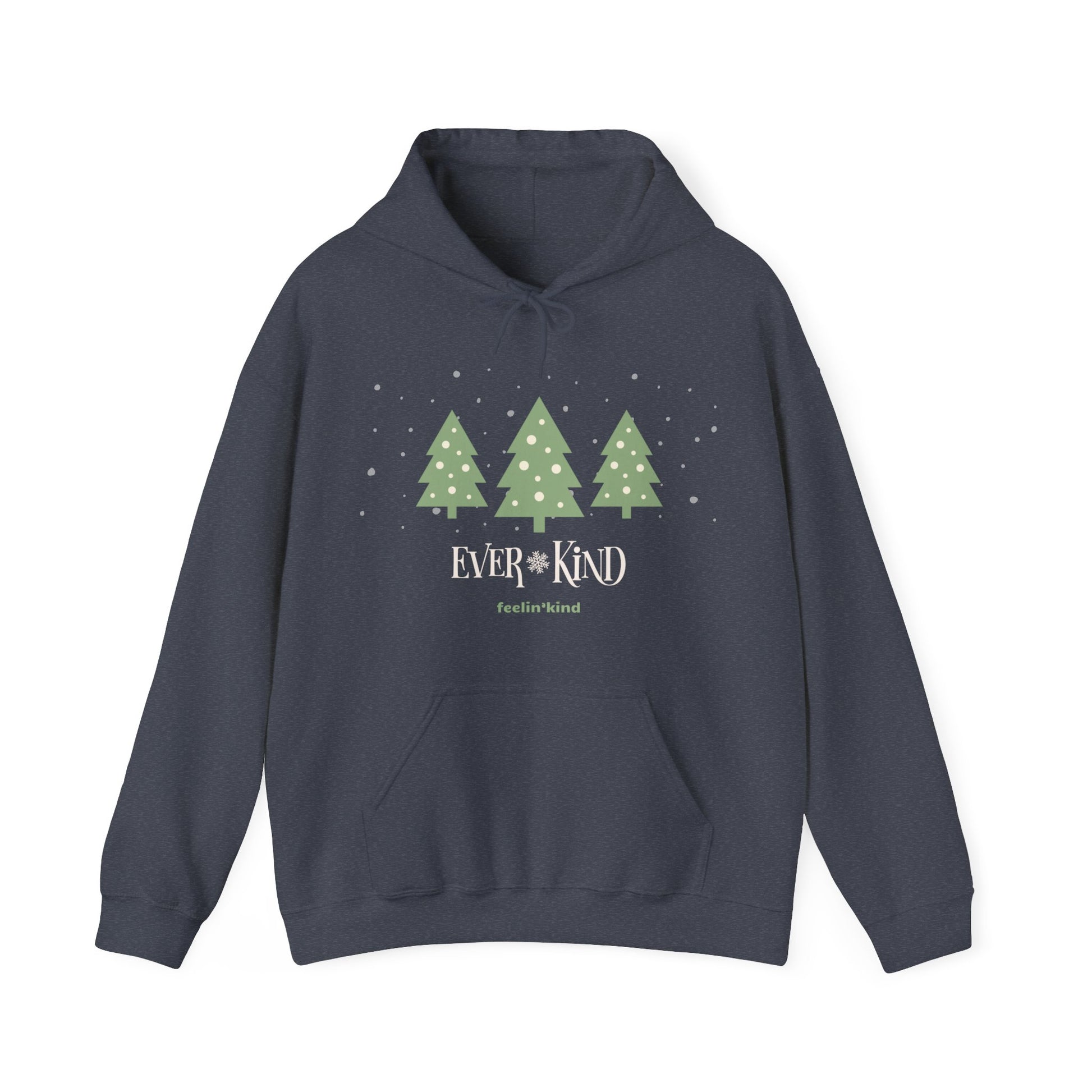 Ever-Kind hoodie featuring a snowy evergreen trees design inspired by the spirit of goodwill, perfect for the holidays.