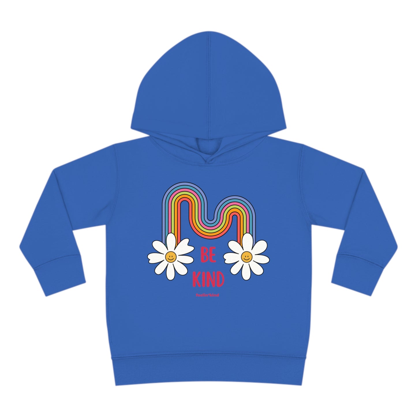 Be a Kind Rainbow kid’s hoodie featuring a a rainbow and smiling daisies.