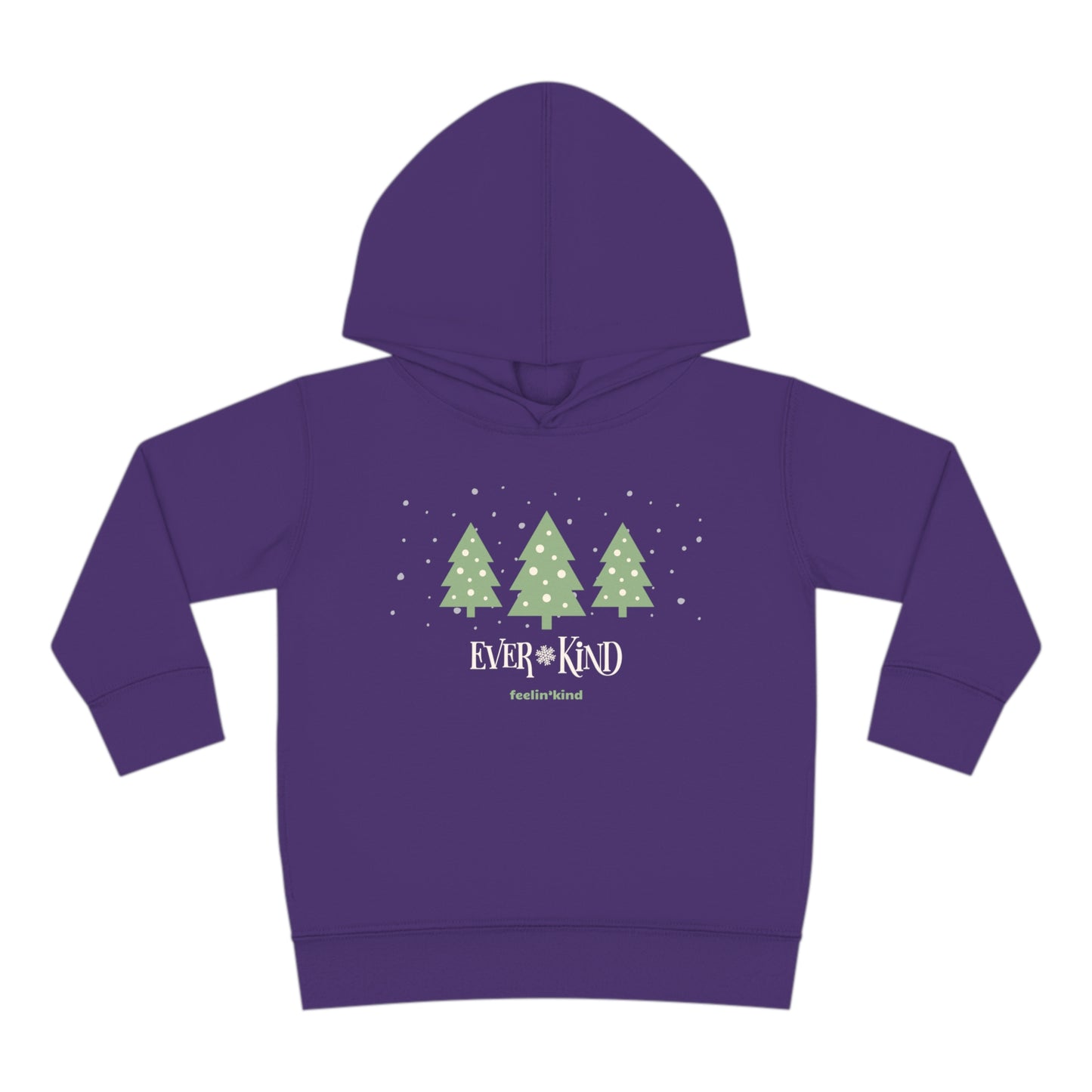 Ever-Kind hoodie featuring a snowy evergreen trees design inspired by the spirit of goodwill, perfect for the holidays.