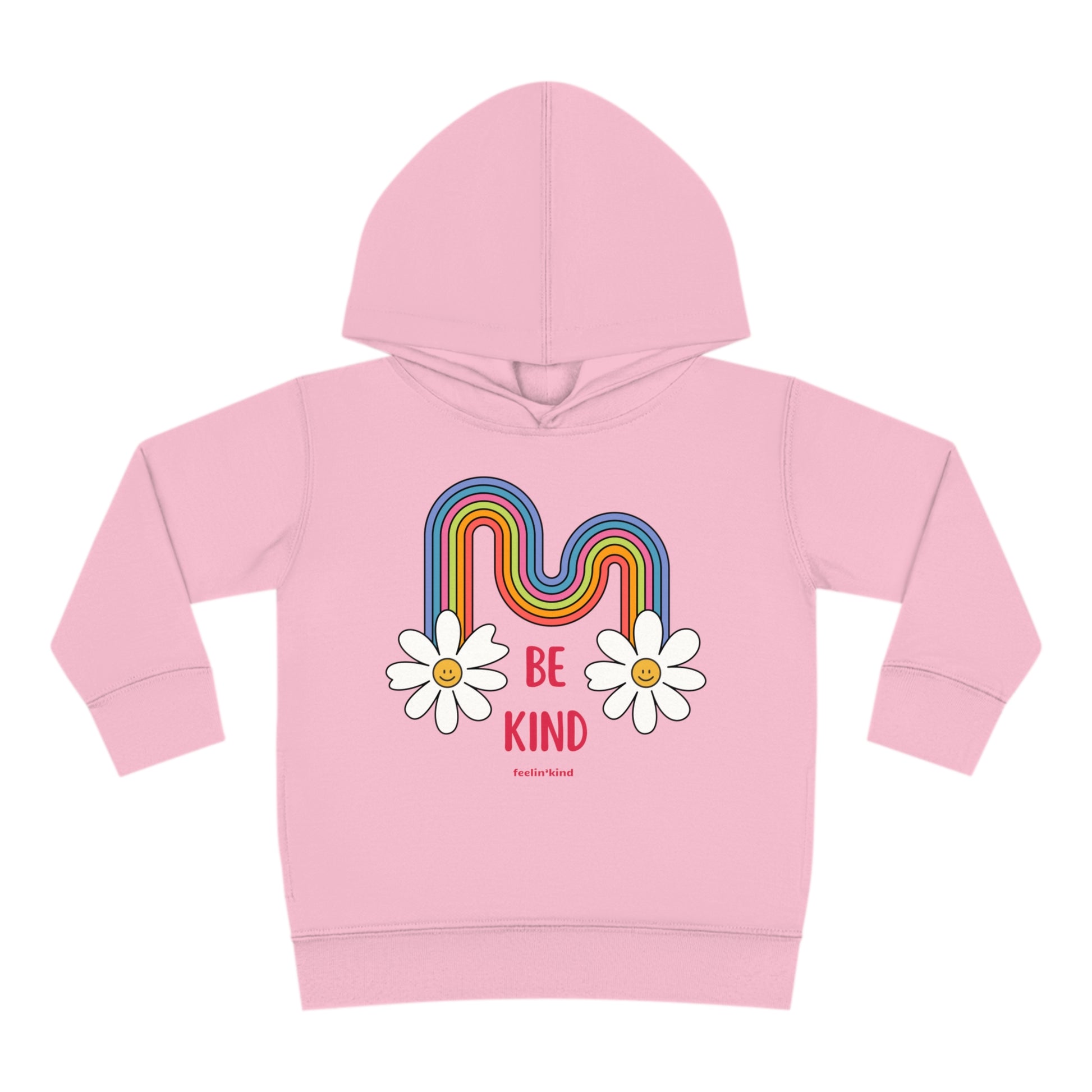 Be a Kind Rainbow kid’s hoodie featuring a a rainbow and smiling daisies.