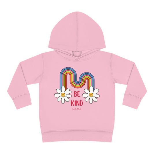 Be a Kind Rainbow kid’s hoodie featuring a a rainbow and smiling daisies.