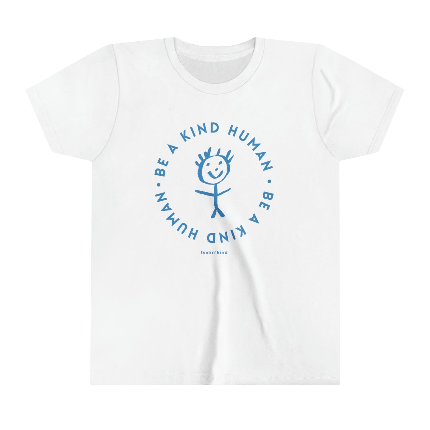 Be a Kind Human kid’s t-shirt featuring a kids drawing of a person in the center.