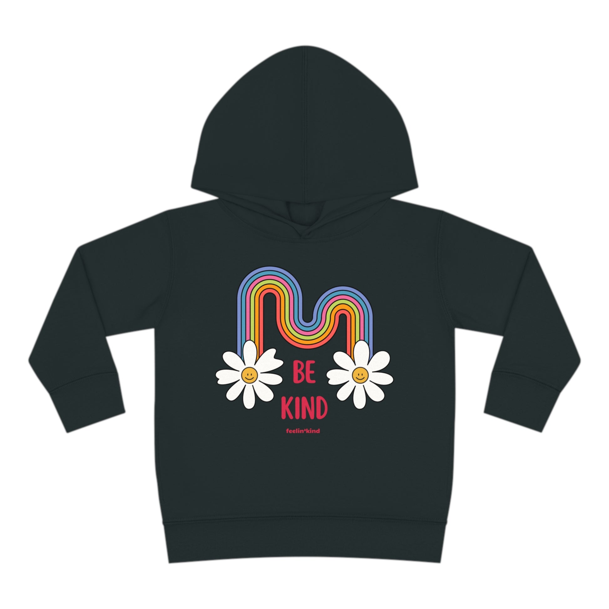 Be a Kind Rainbow kid’s hoodie featuring a a rainbow and smiling daisies.