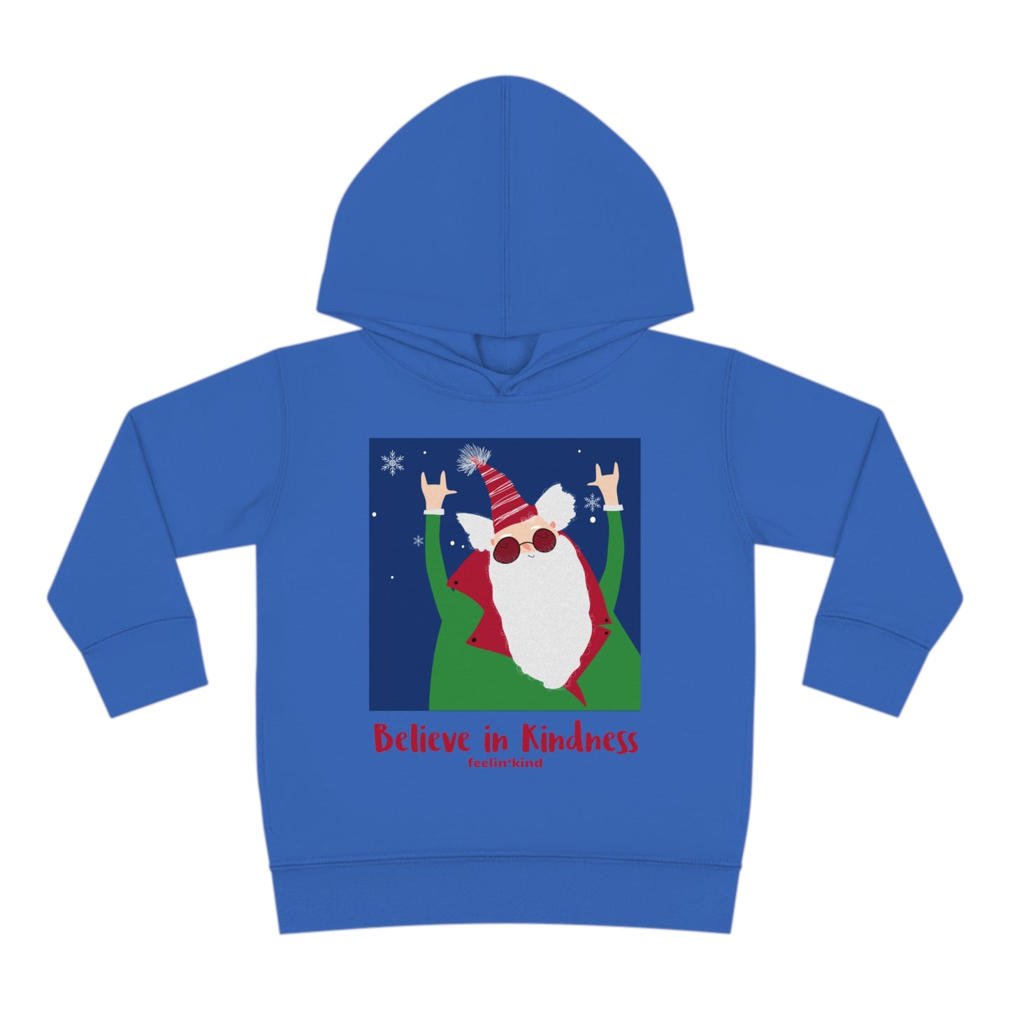 Believe in Kindness  hoodie featuring a cool Santa design inspired by the spirit of goodwill, perfect for the holidays.