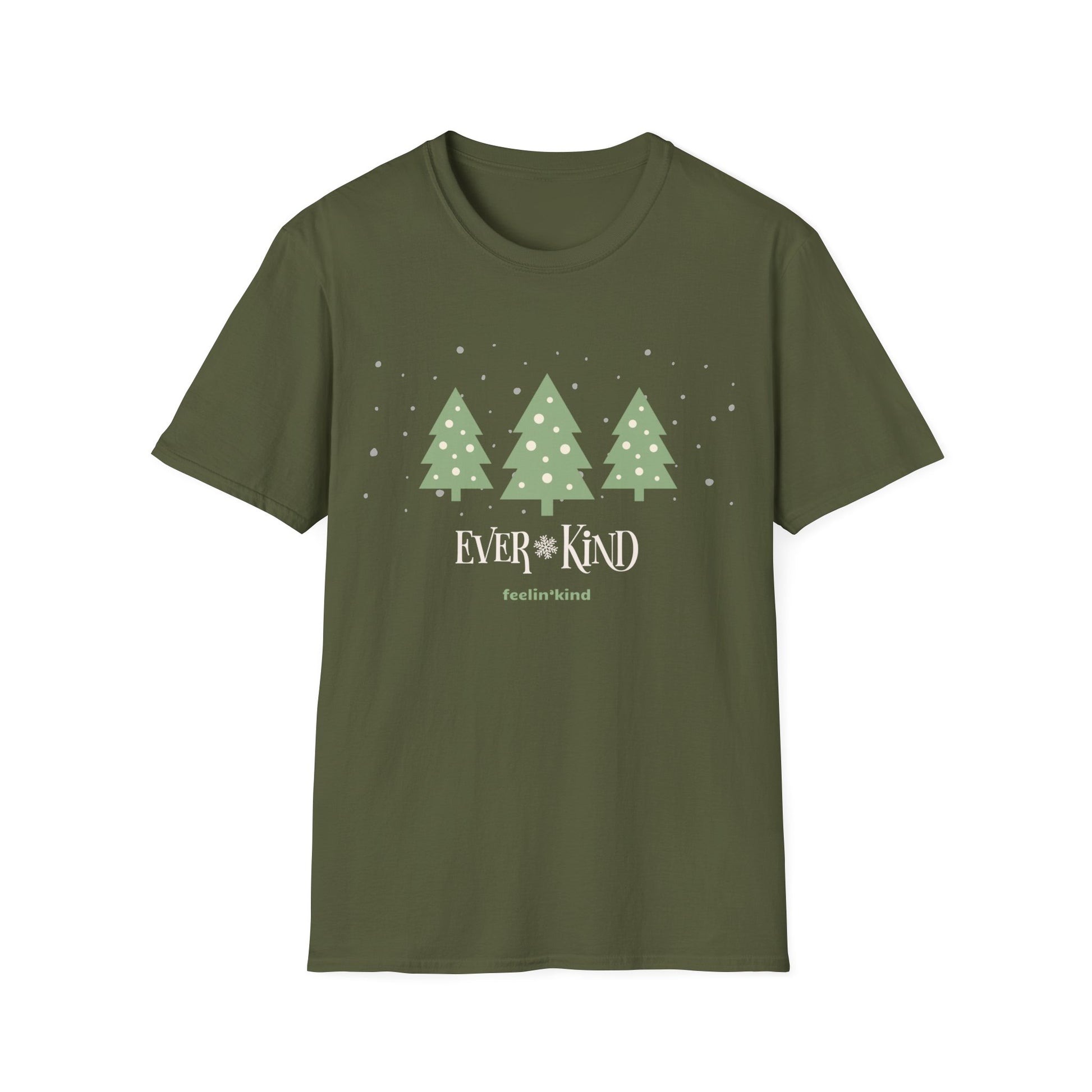 Ever-Kind unisex t-shirt featuring a snowy evergreen trees design inspired by the spirit of goodwill, perfect for the holidays.