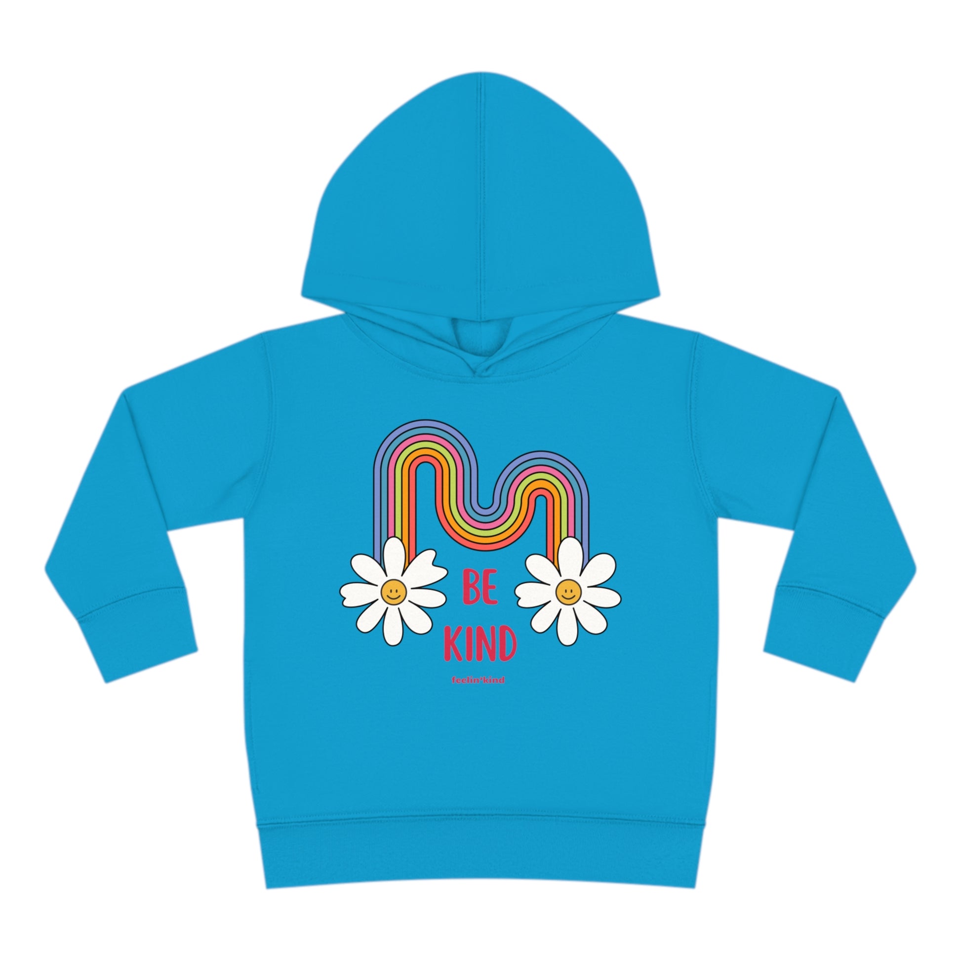 Be a Kind Rainbow kid’s hoodie featuring a a rainbow and smiling daisies.