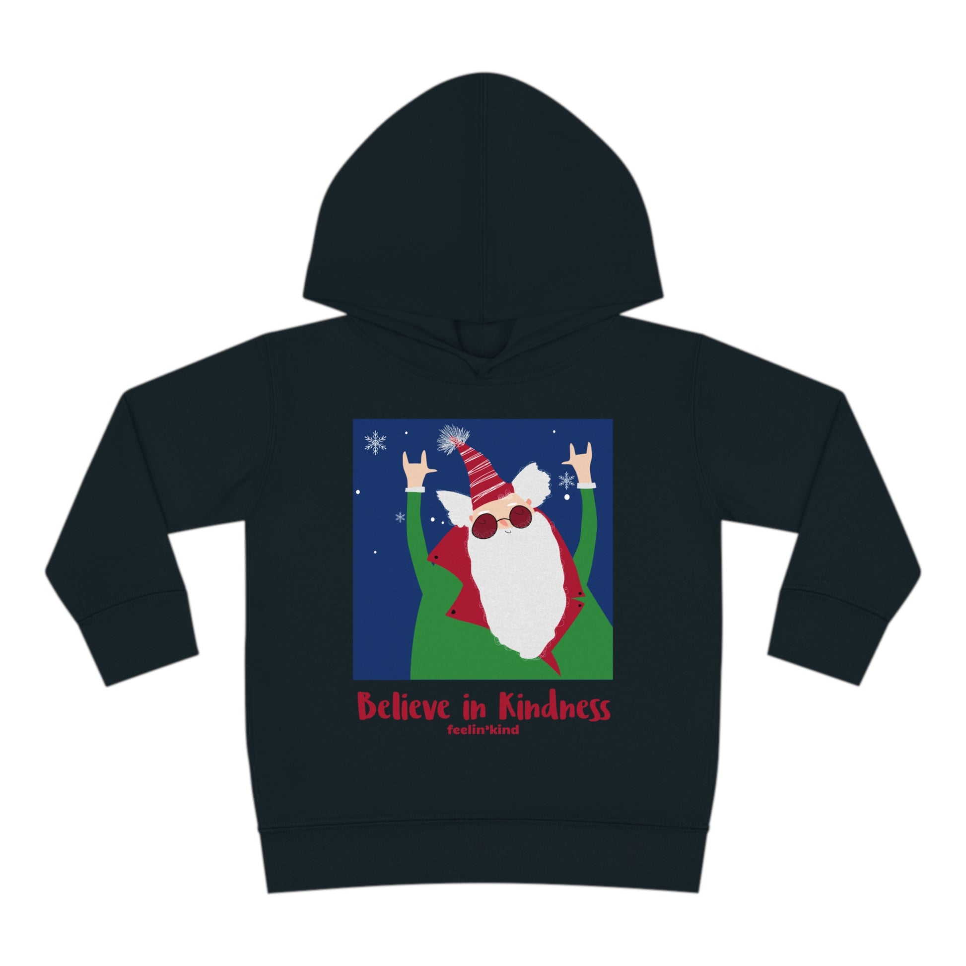 Believe in Kindness  hoodie featuring a cool Santa design inspired by the spirit of goodwill, perfect for the holidays.