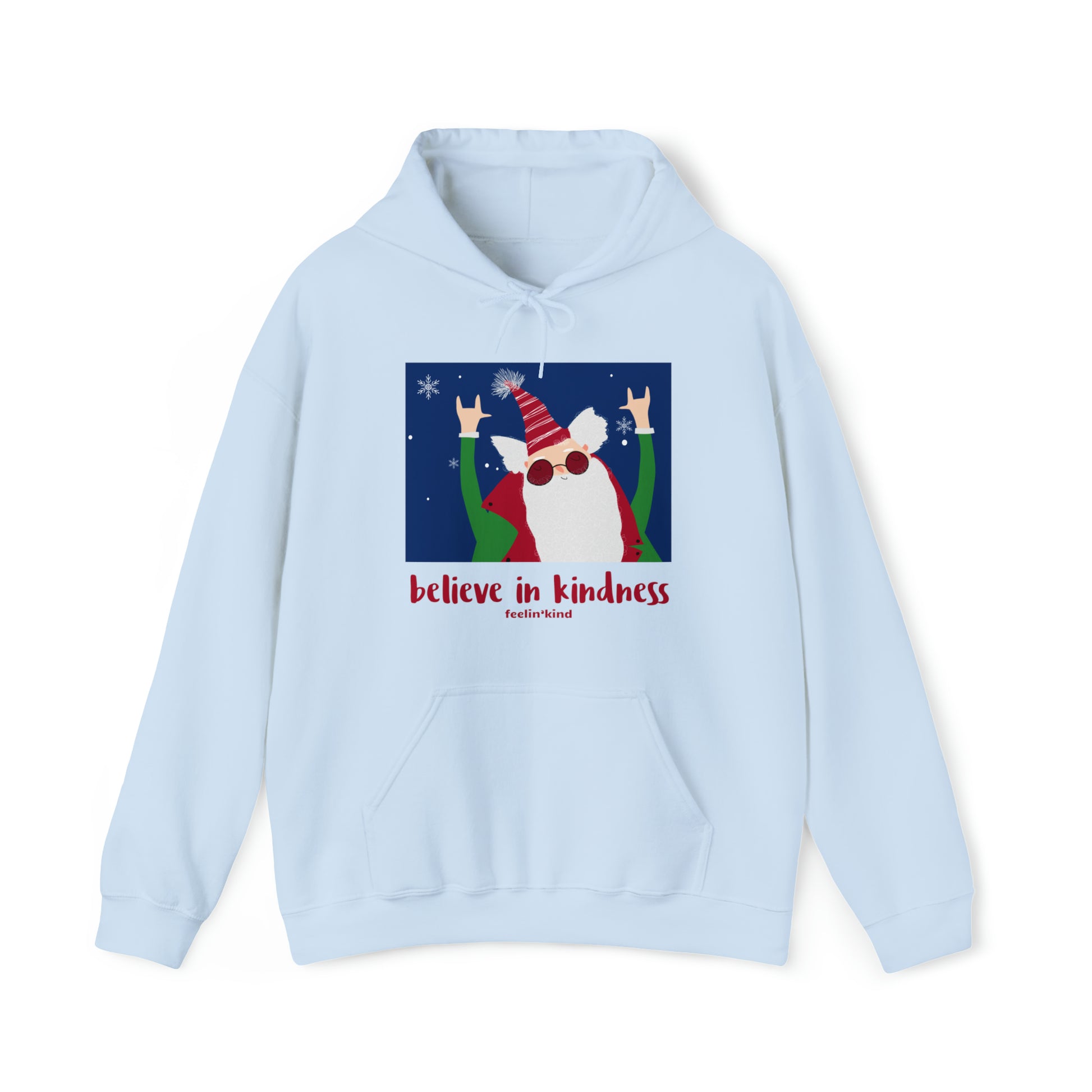 Believe in Kindness  hoodie featuring a cool Santa design inspired by the spirit of goodwill, perfect for the holidays.