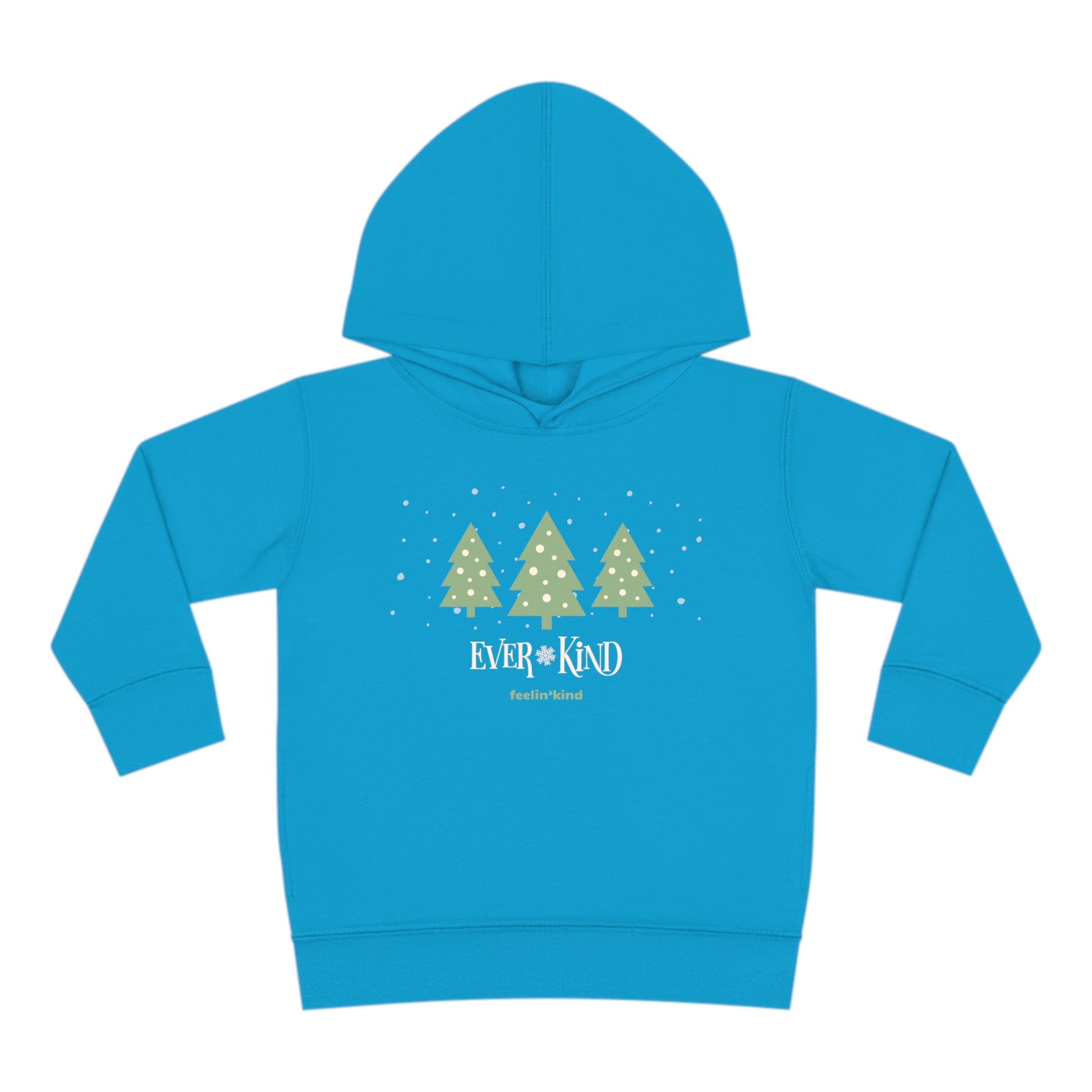 Ever-Kind hoodie featuring a snowy evergreen trees design inspired by the spirit of goodwill, perfect for the holidays.