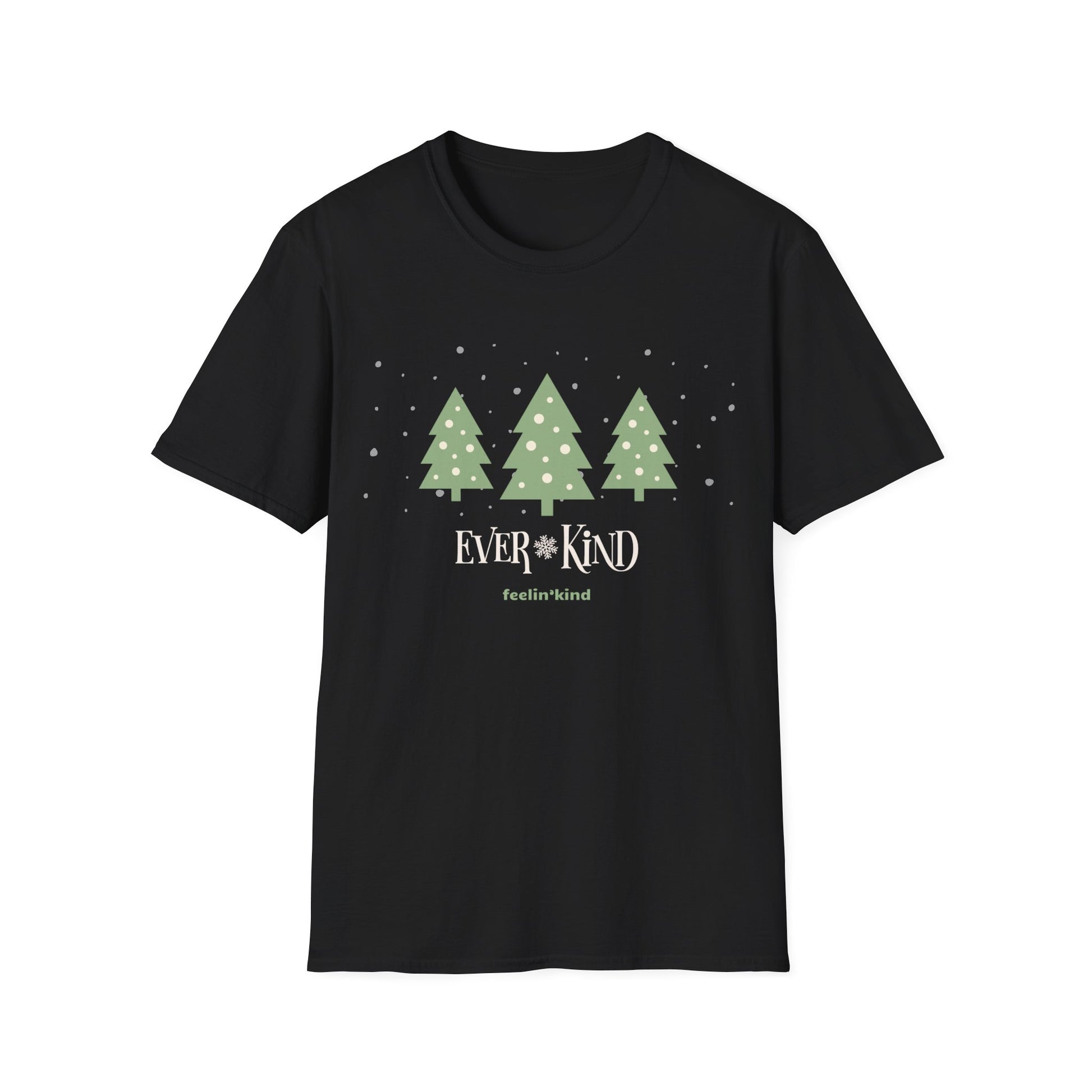 Ever-Kind unisex t-shirt featuring a snowy evergreen trees design inspired by the spirit of goodwill, perfect for the holidays.