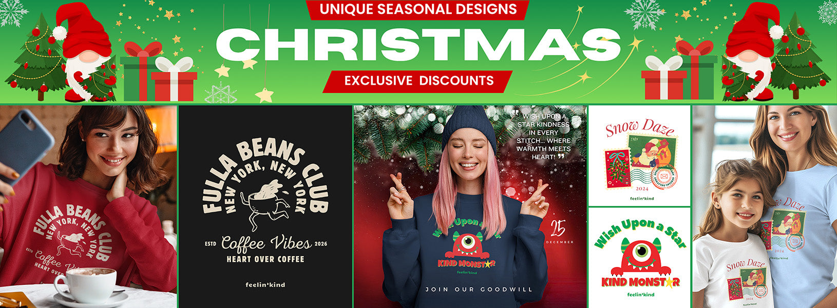 Promotional banner for Christmas-themed products with people wearing branded shirts.