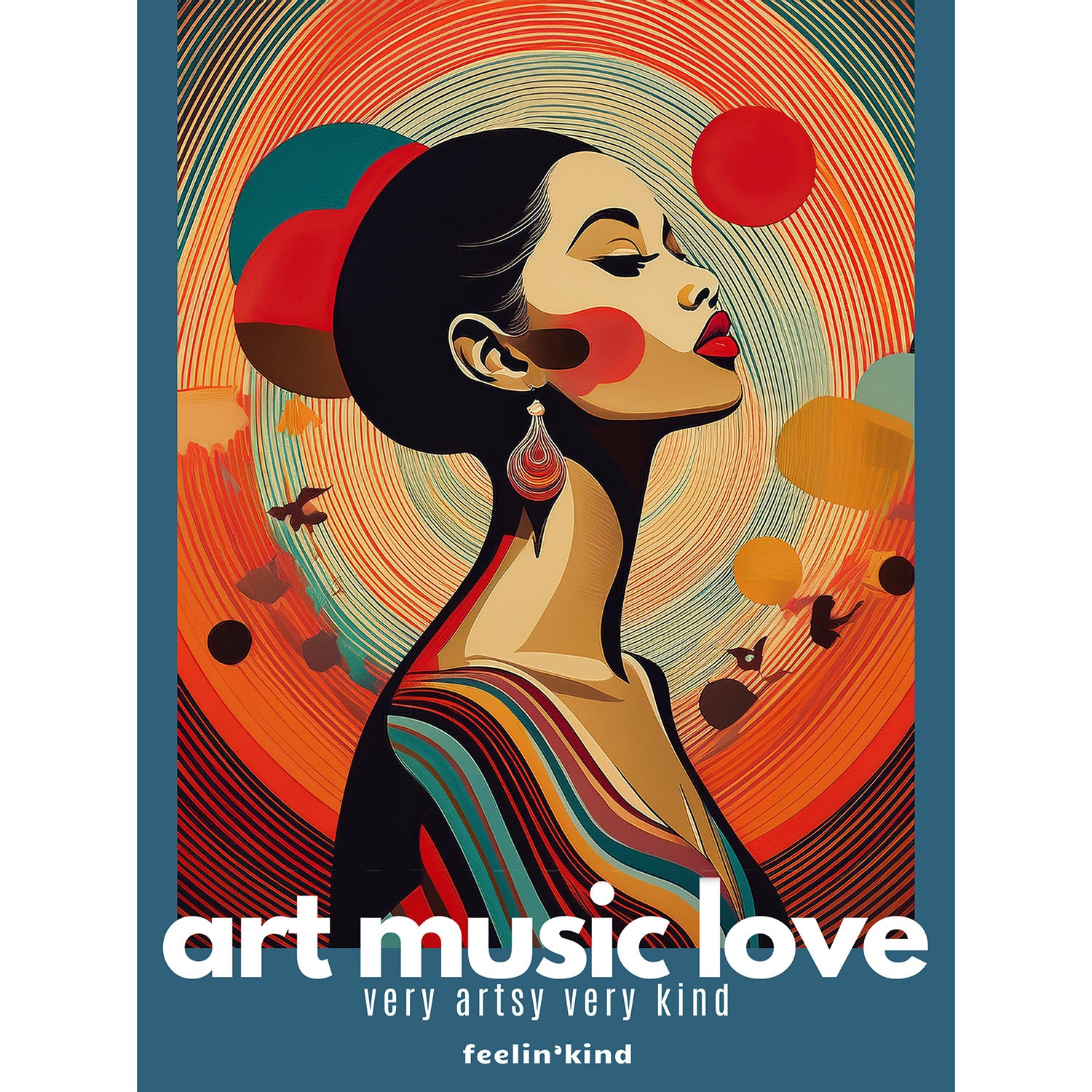Artistic depiction of a woman with abstract design elements and text 'art music love' on a blue background